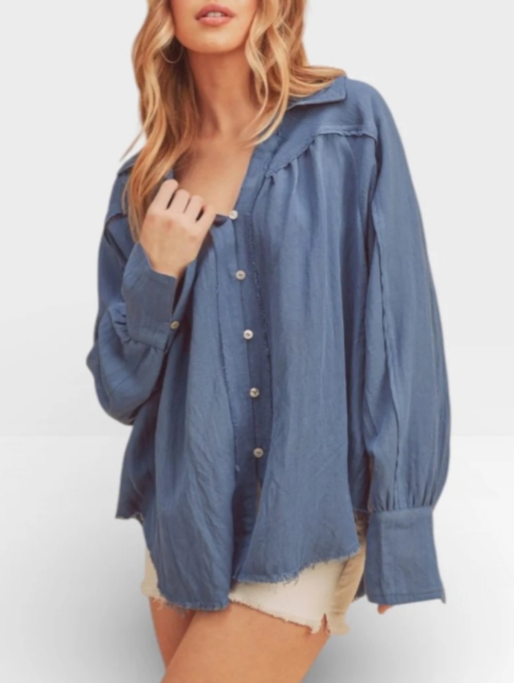 Aemi + Co Steel Blue Raw Hem Button Down Long Sleeve Shirt Size Large Coastal